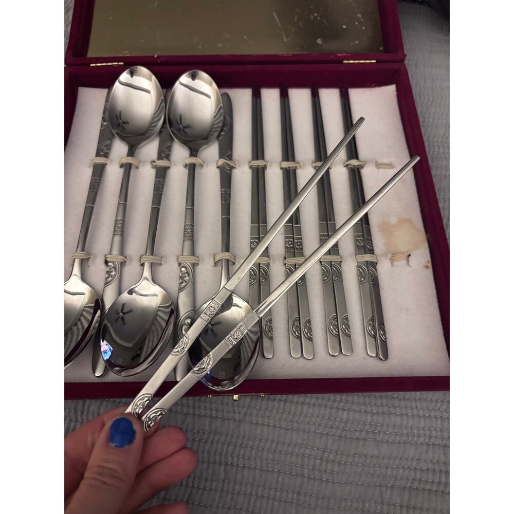Vintage Korean Sujeo Set- stainless steel spoon and flat chopstick set